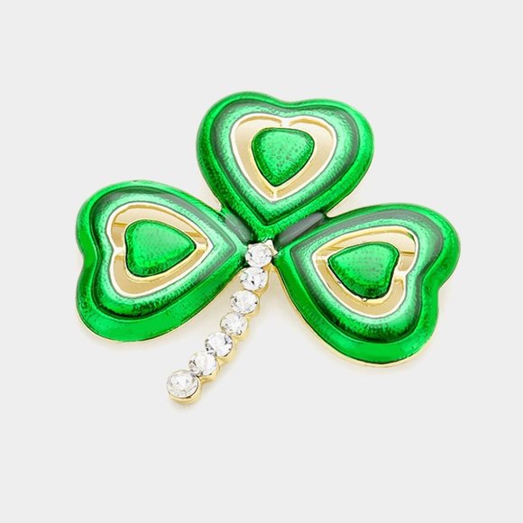 ST. PATRICKS DAY IRISH SHAMROCK CLOVER GREEN RHINESTONE LARGE BROOCH - Picture 3 of 4